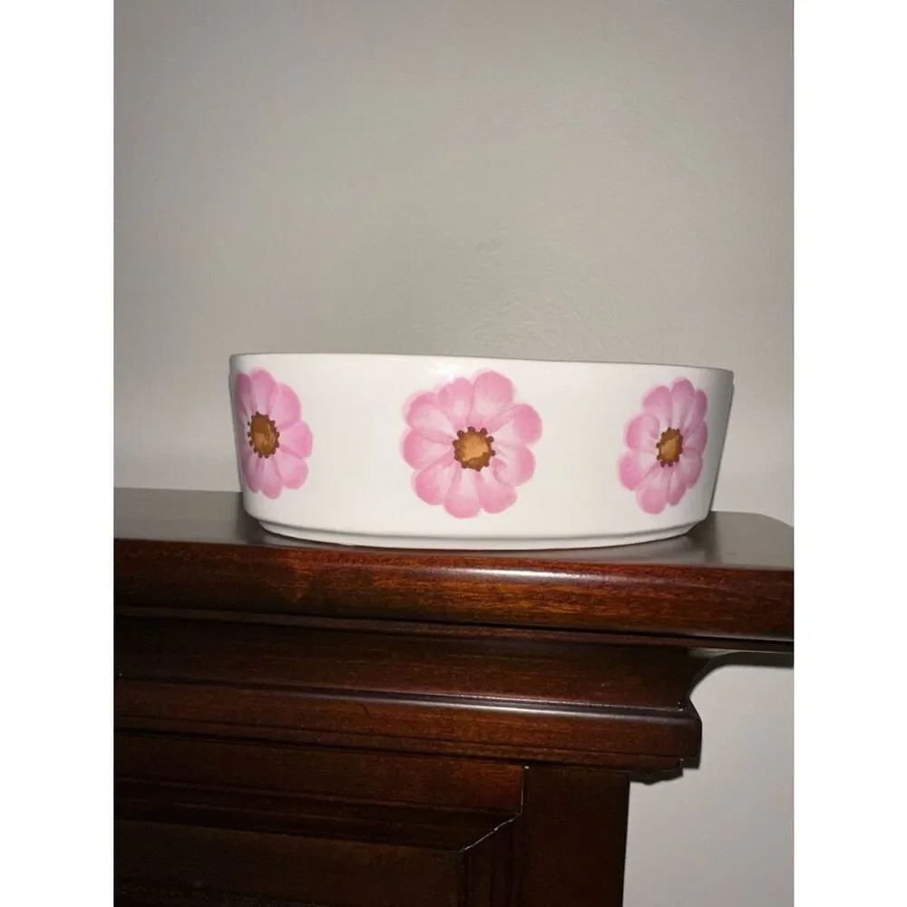 FTD White Pink Floral Heart Shaped Baking Dish Pottery Decor